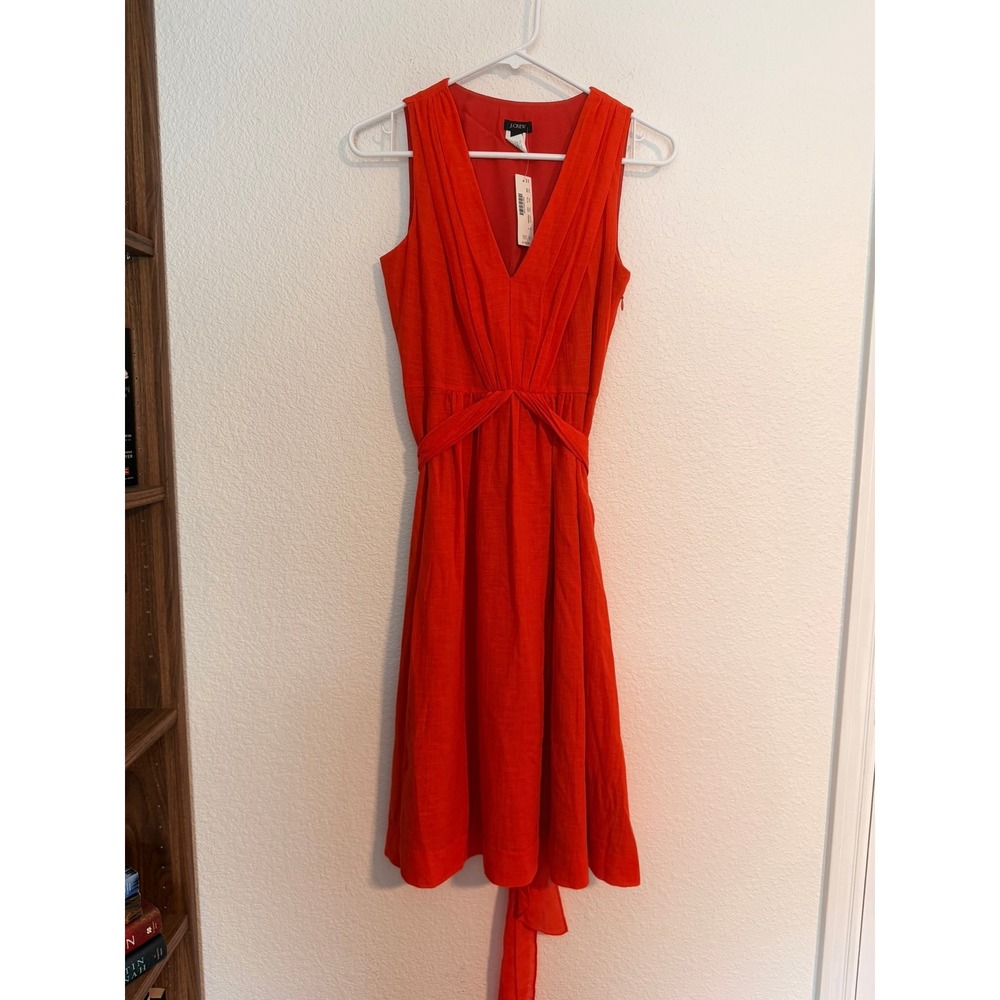 J.Crew Womens Cerise Red Cotton Linen V-Neck Pleated Midi Dress 72114 Size 0 NWT